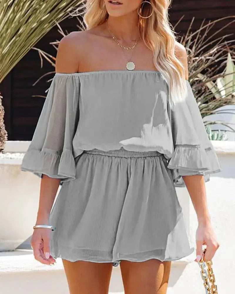 Paradise Awaits Off Shoulder Romper  Sunset and Swim   