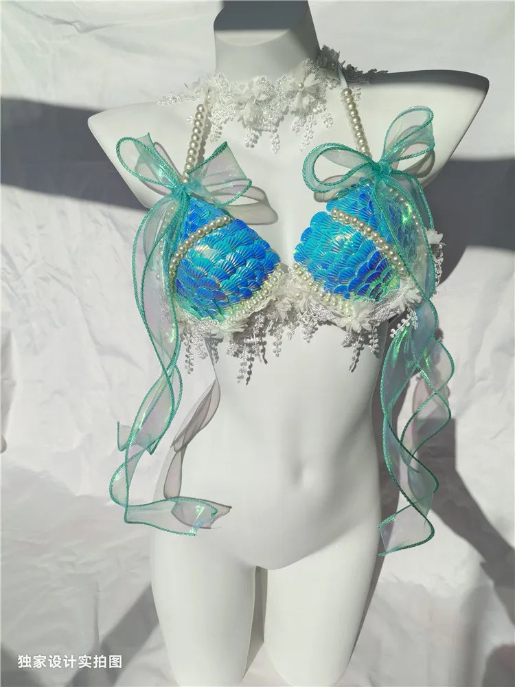 12 Colors Mermaid Sequins Shells Bikini Tops Bras Oceanarium Bar Performances Out Of Costume Fishtail Skin Women FreedivingShow Sunset and Swim   