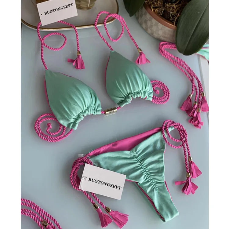 Isabella Tassel Side Tie Halter Bikini  Sunset and Swim Mint/Pink S 