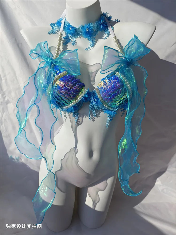 12 Colors Mermaid Sequins Shells Bikini Tops Bras Oceanarium Bar Performances Out Of Costume Fishtail Skin Women FreedivingShow Sunset and Swim   