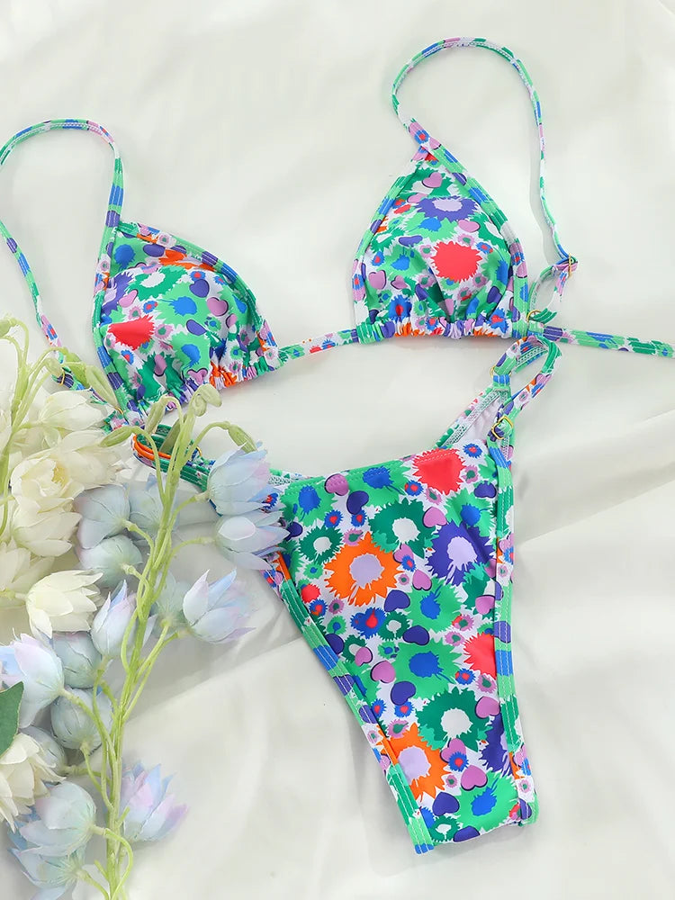 Petite Blossom Floral Micro Brazilian Bikini  Sunset and Swim Blue/Mixed L 