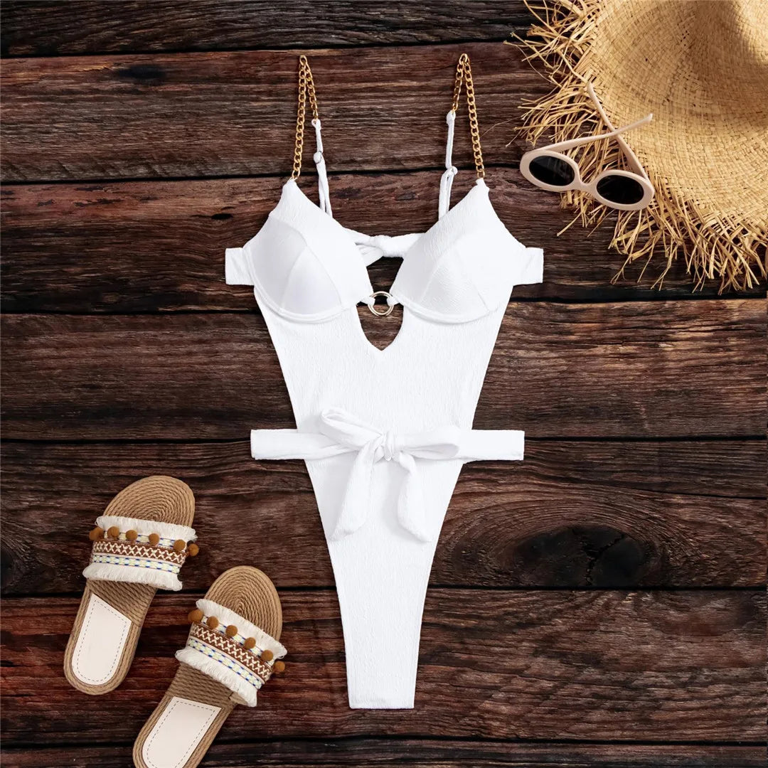 Extreme Mini Micro Thong High Leg Cut One Piece Swimsuit  Sunset and Swim White S 