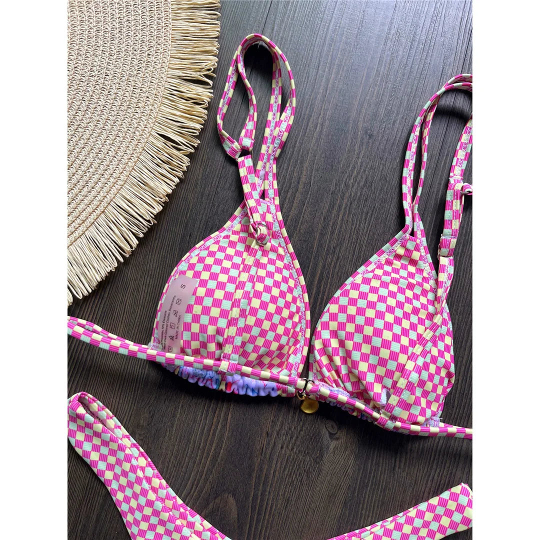 Pink Paradise Plaid Thong Bikini Sunset and Swim