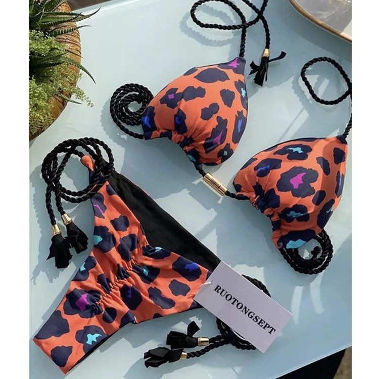 Isabella Tassel Side Tie Halter Bikini  Sunset and Swim Orange Leopard S 