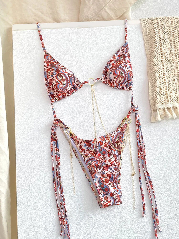 Exotic Sunset Triangle Chains Brazilian Bikini Sunset and Swim Red S 