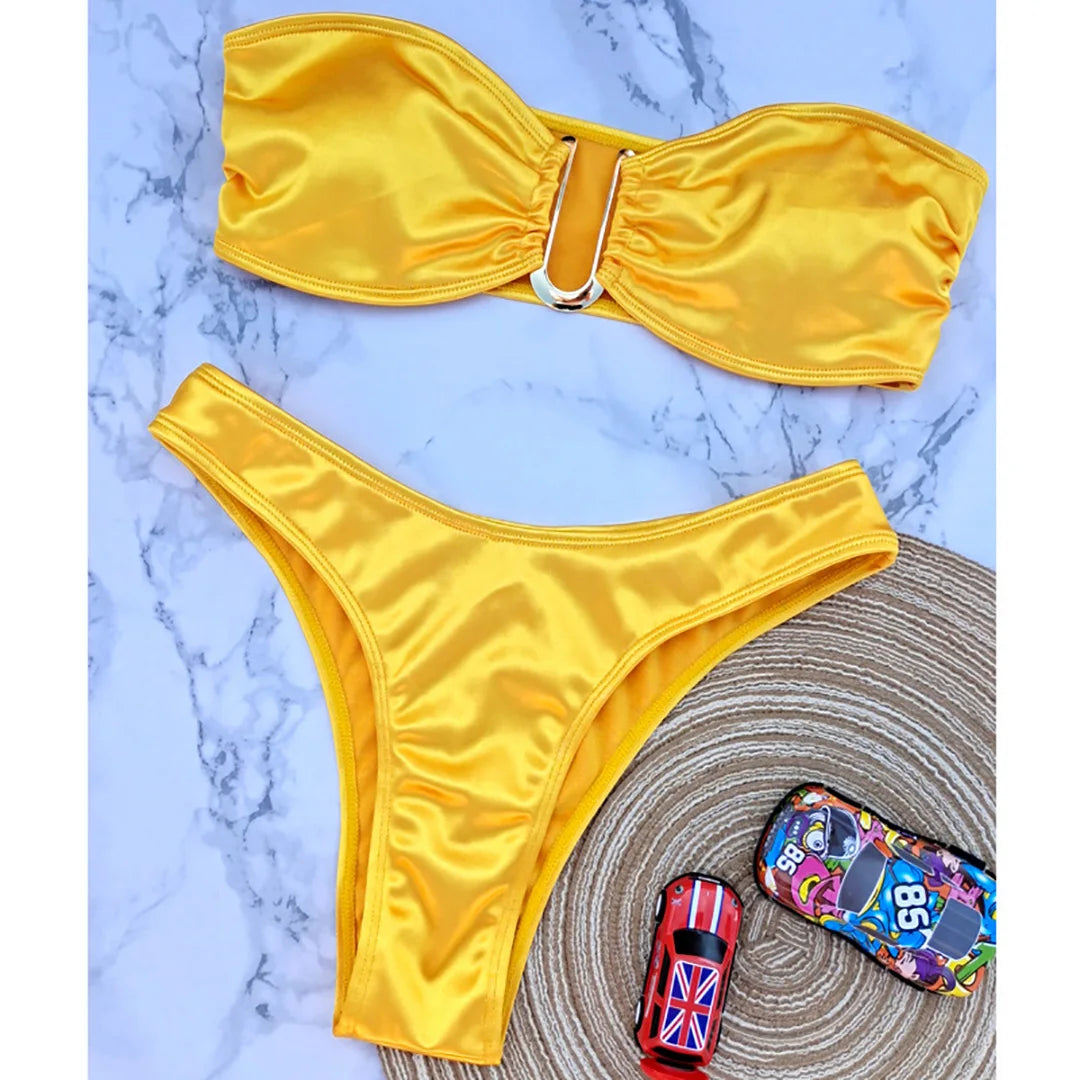 Sunset and Swim Glossy Bandeau Strapless Bikini Sunset and Swim Yellow S 