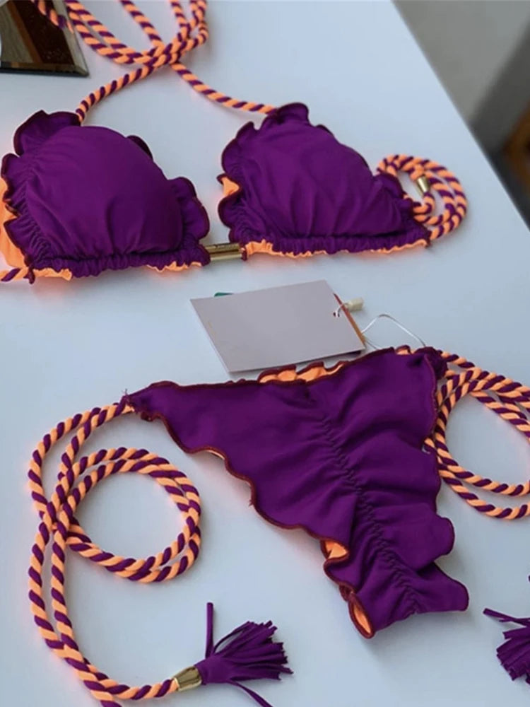 Penelope Ruffled Triangle Bikini Set  Sunset and Swim Purple L 