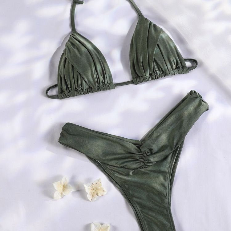 Exclusive Ruched Brazilian Triangle Bikini  Sunset and Swim Dark Green S 