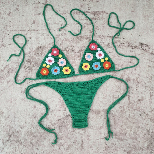 Stunning Handmade Flower Crochet Bikini  Sunset and Swim Green S 