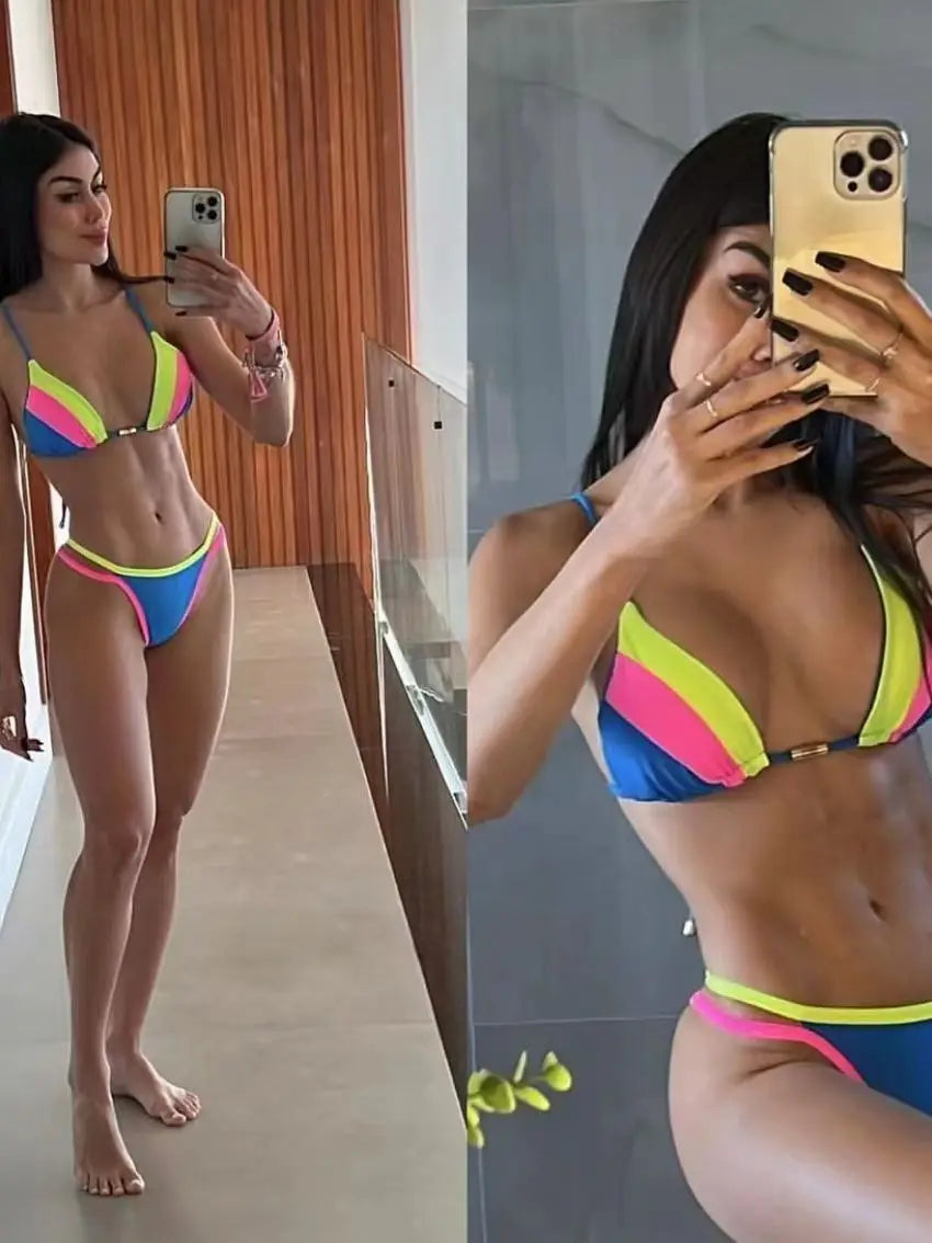 Neon Leopard Colorblock Brazilian Bikini Sunset and Swim   