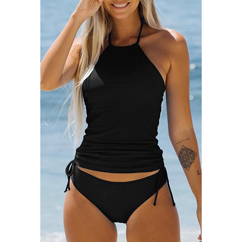 Two Piece Drawstring Ruched Side Halter Neck Tankini Set  Sunset and Swim   