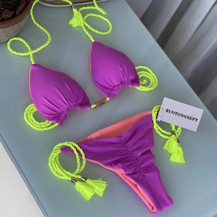 Isabella Tassel Side Tie Halter Bikini  Sunset and Swim Purple 2 S 