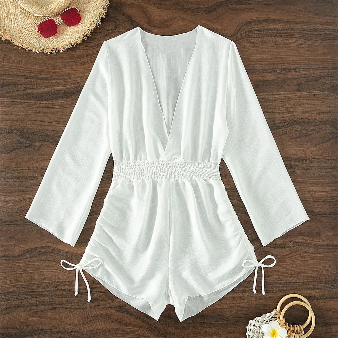 Vacation Time Deep V Neck Long Sleeve Beach Cover Up Romper Sunset and Swim White S 