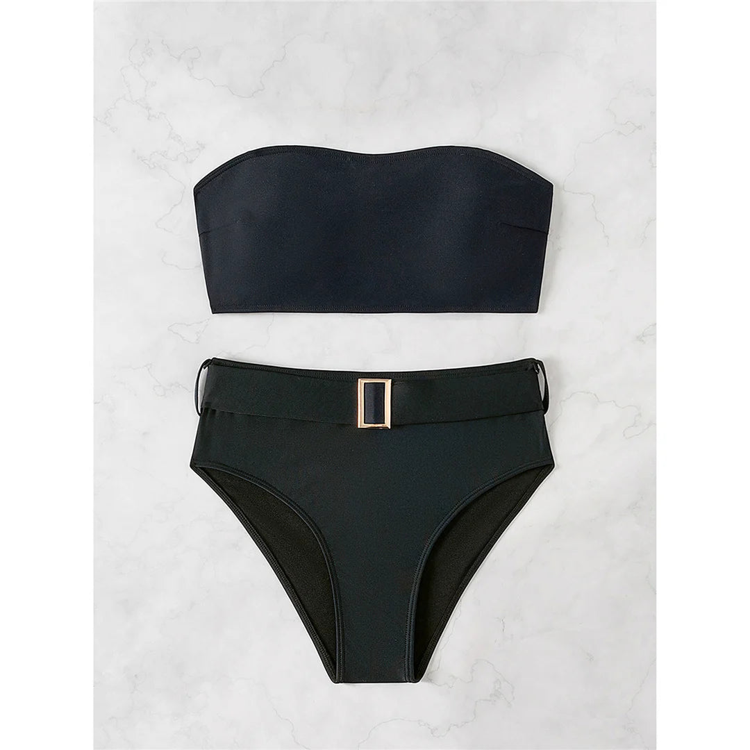 Belted Elegance Midnight Bandeau Bikini Set Sunset and Swim   