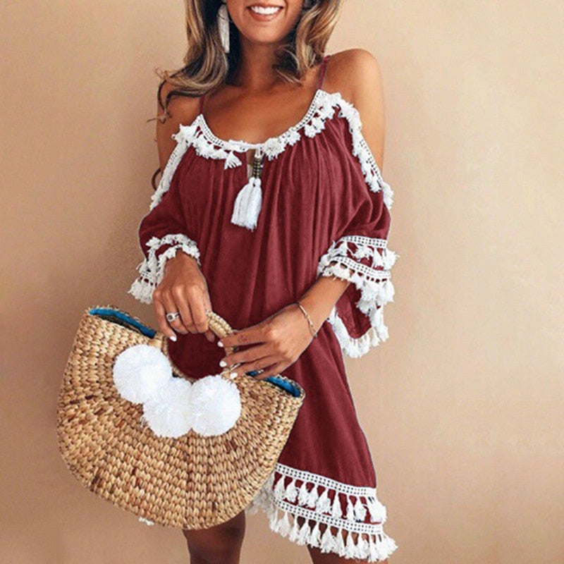 Gorgeous Off Shoulder Tassel Dress Sunset and Swim Red S 