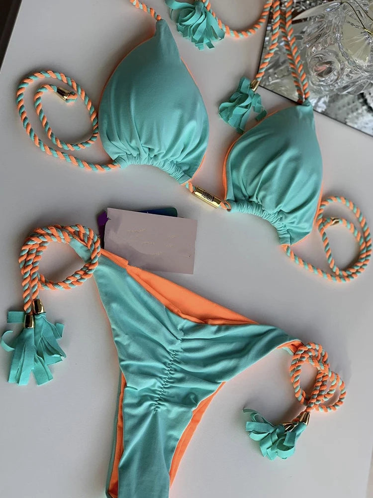 Aurora Tassel Side Tie Halter Bikini  Sunset and Swim Mint L 