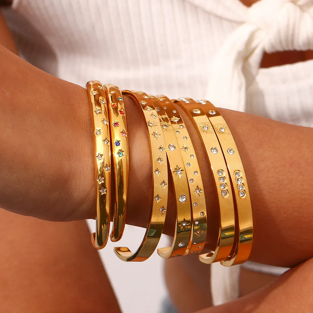 Gold Plated Waterproof Shiny Star & Moon Crystal Cuff Bangles Sunset and Swim   