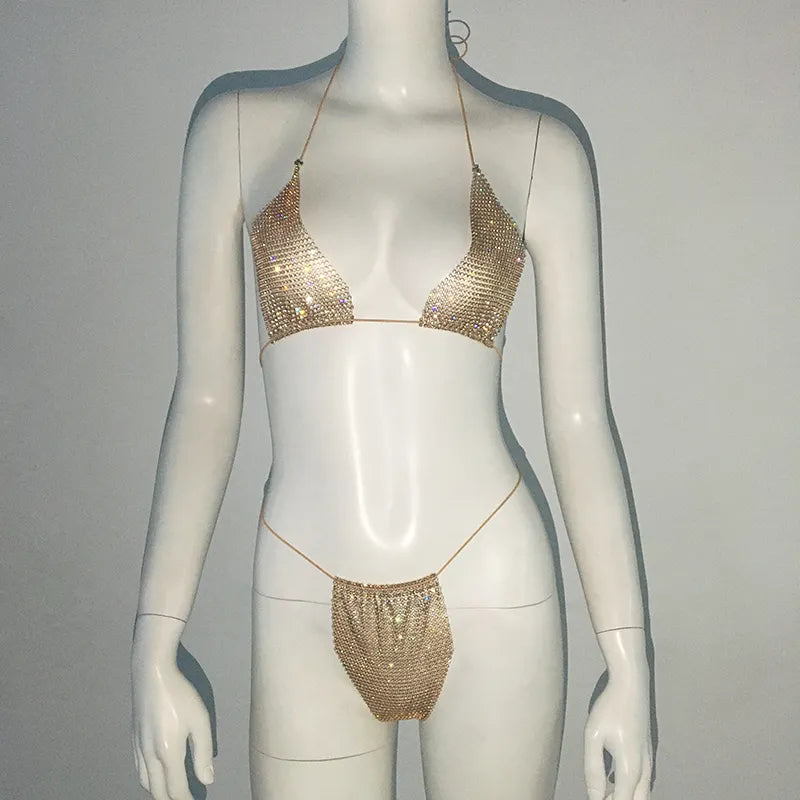 Glitter Goddess See through Micro Kini Rhinestone Bikini  Sunset and Swim Gold One Size 
