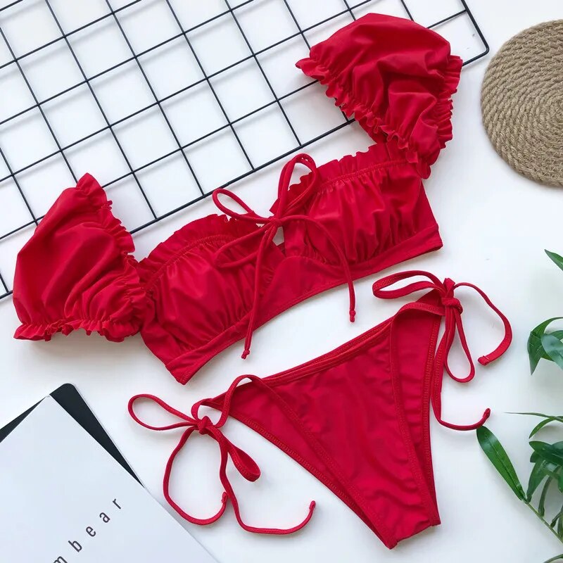 Sunkissed Puff Sleeve Bikini Set  Sunset and Swim Red S 