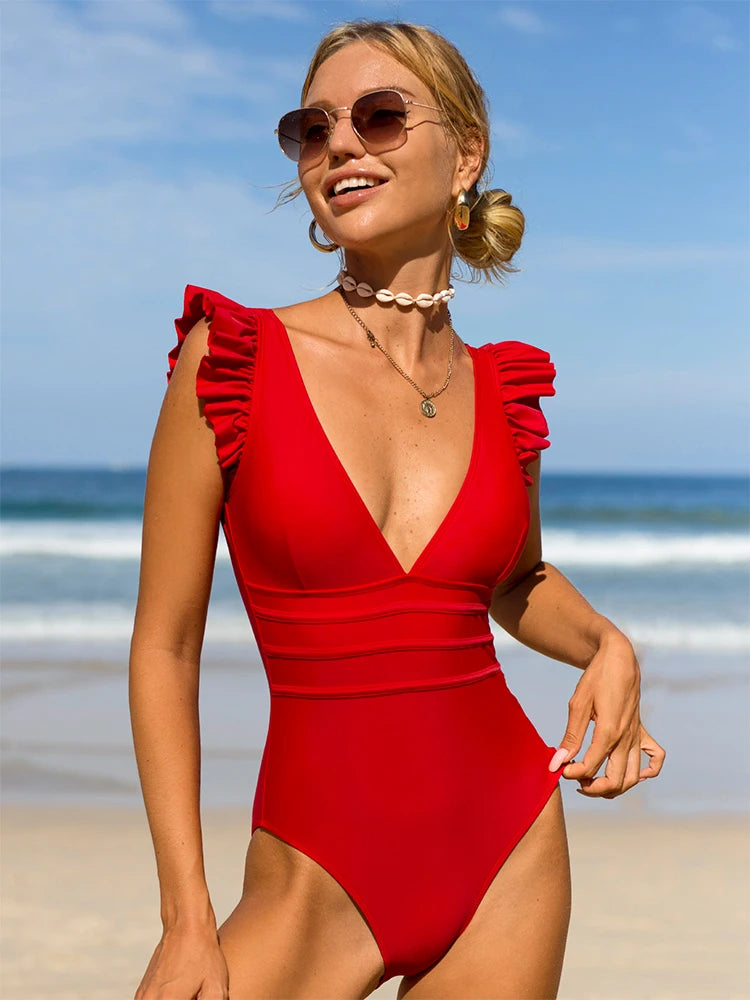 Beach Day Deep V Neck Shoulder Ruffles One Piece Swimsuit  Sunset and Swim Red S 