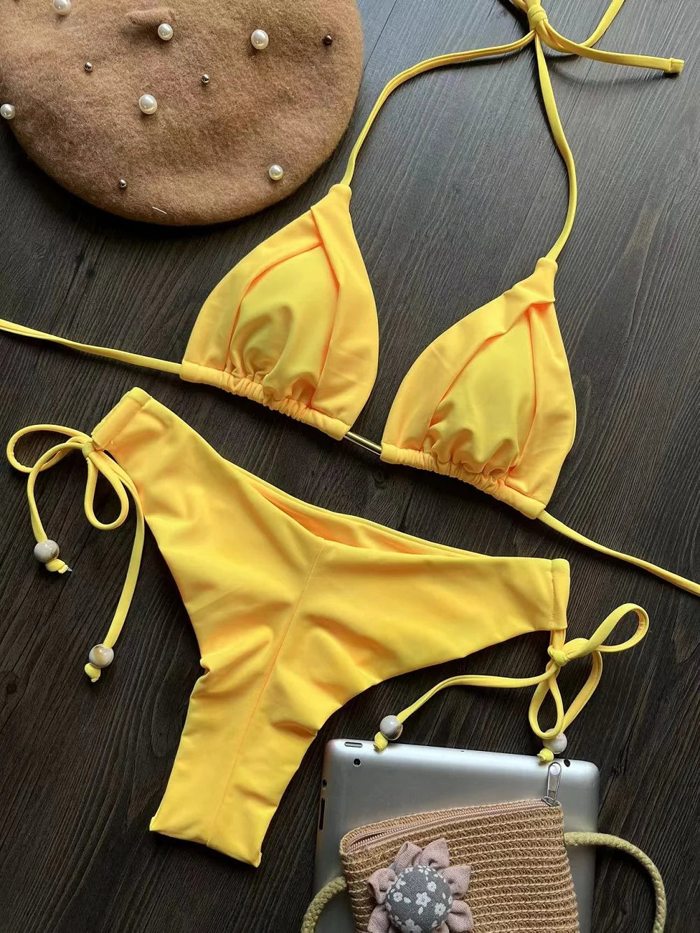 Pool Side Bliss Brazilian Bikini Sunset and Swim Yellow S 