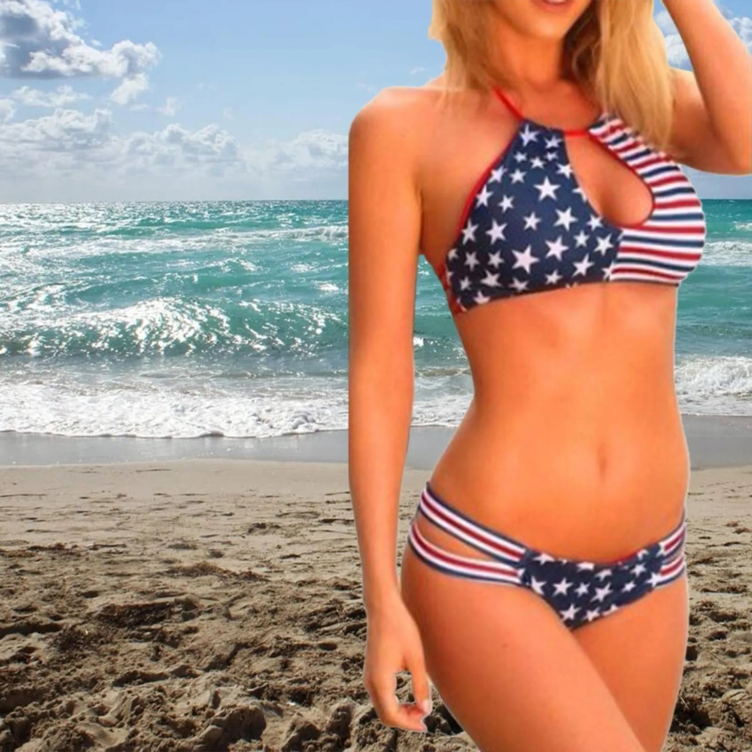 Halter Scrunch Butt American Flag Bikini Sunset and Swim   