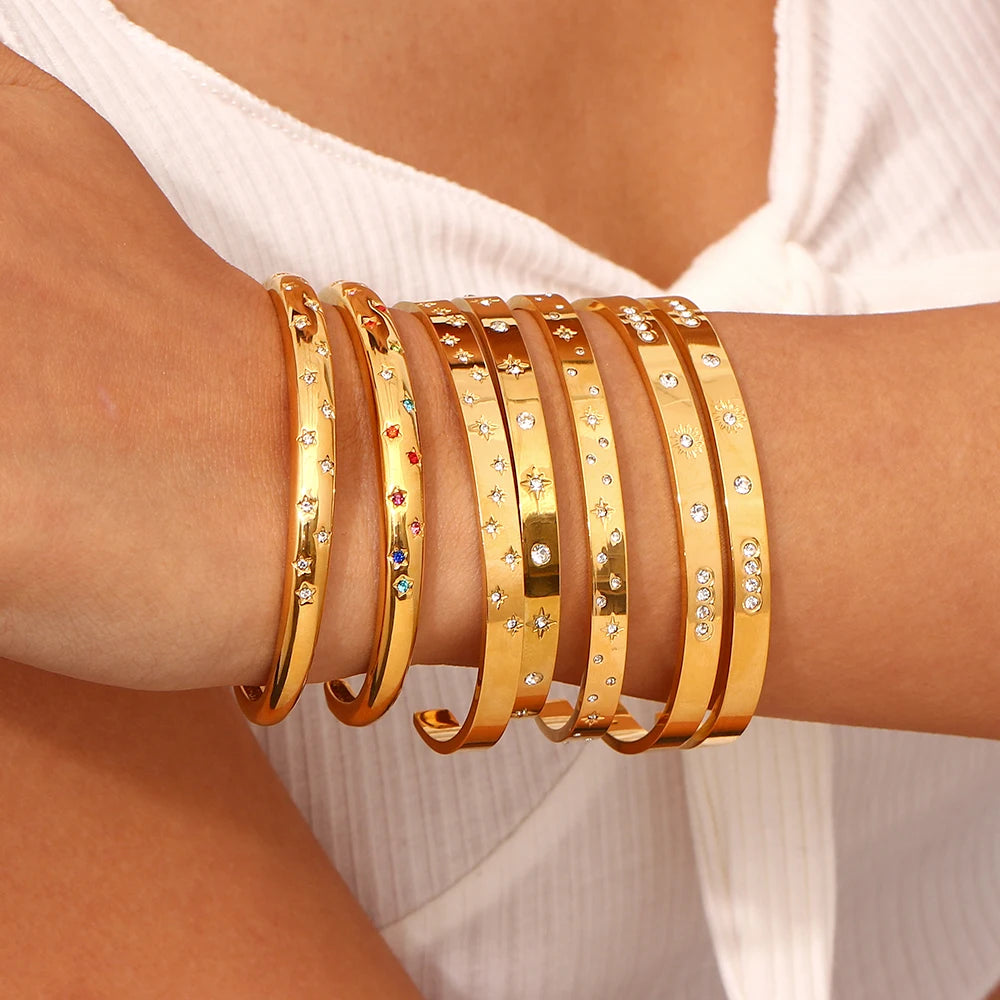 Gold Plated Waterproof Shiny Star & Moon Crystal Cuff Bangles Sunset and Swim   