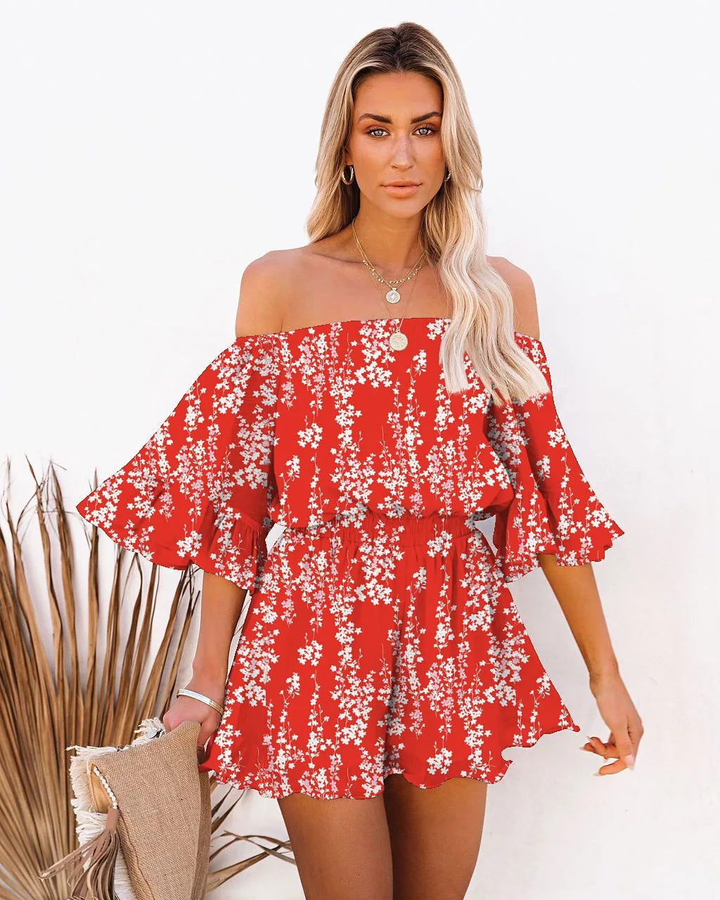 Paradise Awaits Off Shoulder Romper  Sunset and Swim Burgundy XL 