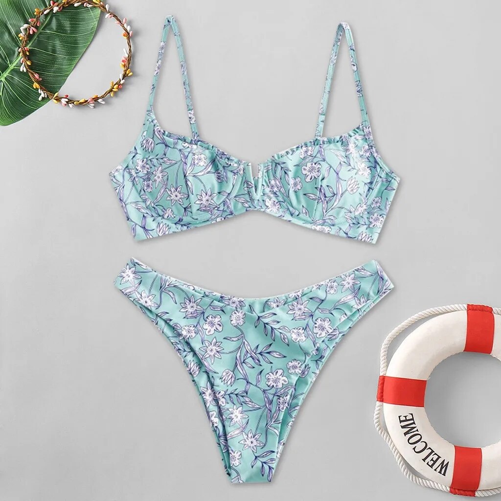 Cute Flower Print High Cut V Neck Bikini  Sunset and Swim Blue S 