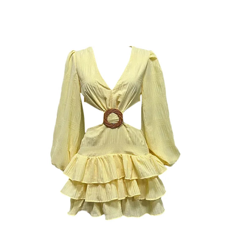 Chic Elegance Cut Out Waist Short Mini Dress  Sunset and Swim Yellow S 
