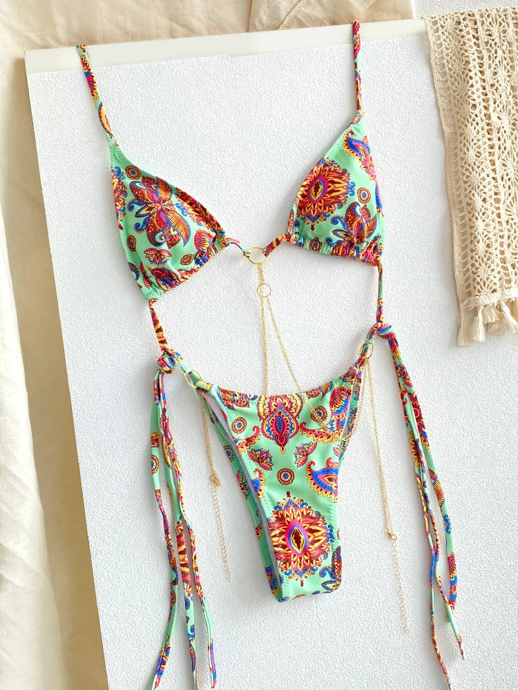 Exotic Sunset Triangle Chains Brazilian Bikini Sunset and Swim Green S 