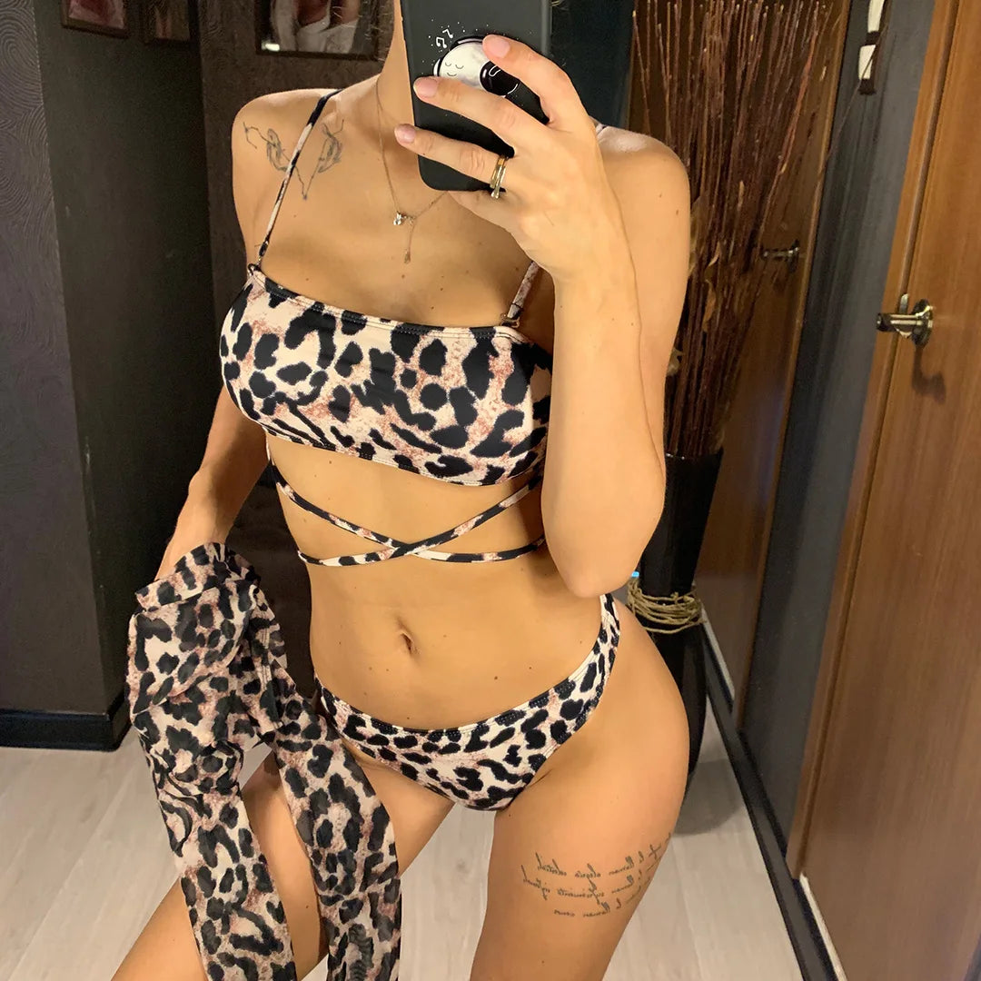 3 Piece Set Leopard Long Sleeve Cover Up Bikini Sunset and Swim