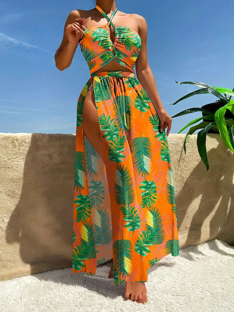 Bahamas Vacation 3 Piece Cover Up Skirt Set  Sunset and Swim Orange/Green L 