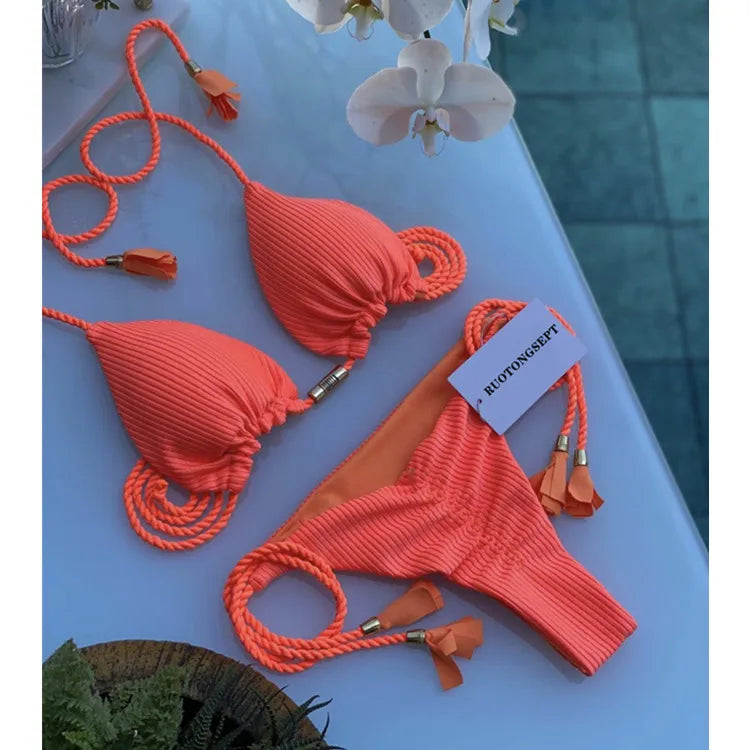 Isabella Tassel Side Tie Halter Bikini  Sunset and Swim Neon Apricot S 