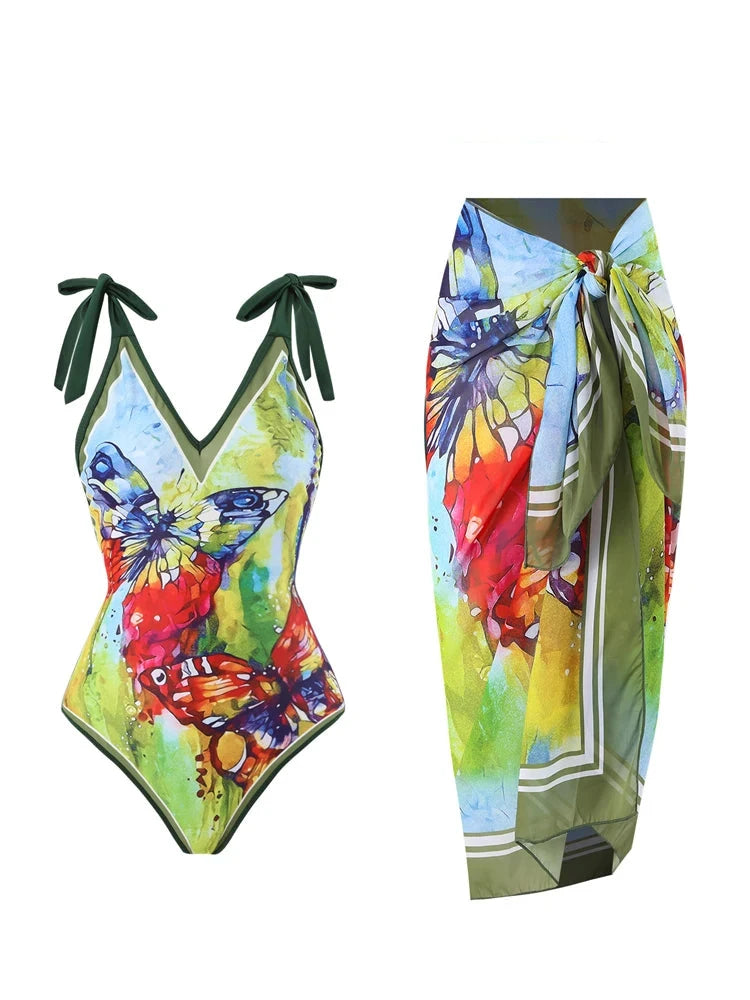 Tropical Oasis Full Coverage One-Piece Swimsuit Sunset and Swim Green/Red S 