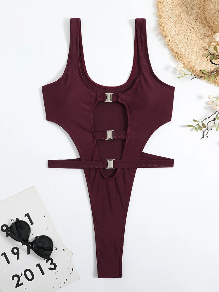 Fiji Extreme Thong High Cut Cut Out Swimsuit Sunset and Swim Wine Red S