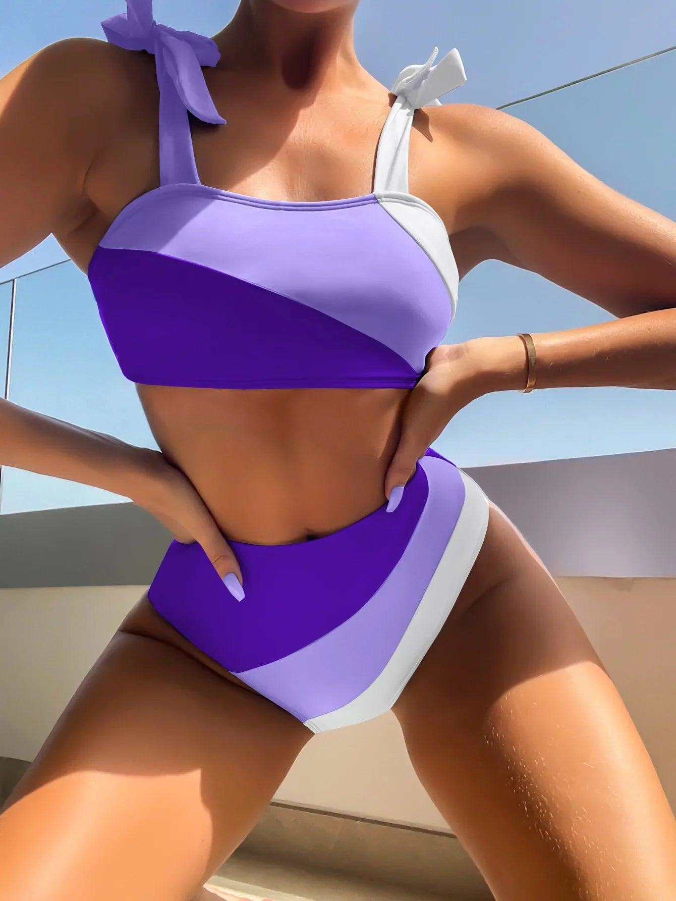 Sarah Pink Colorblock High Waist Bikini  Sunset and Swim Purple S 