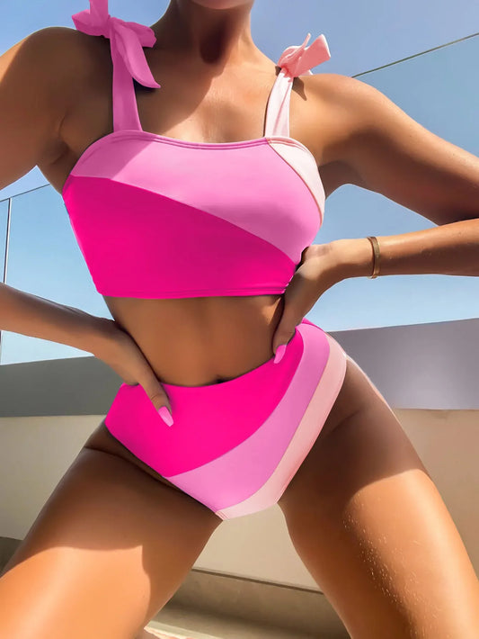 Sarah Pink Colorblock High Waist Bikini  Sunset and Swim Pink XL 