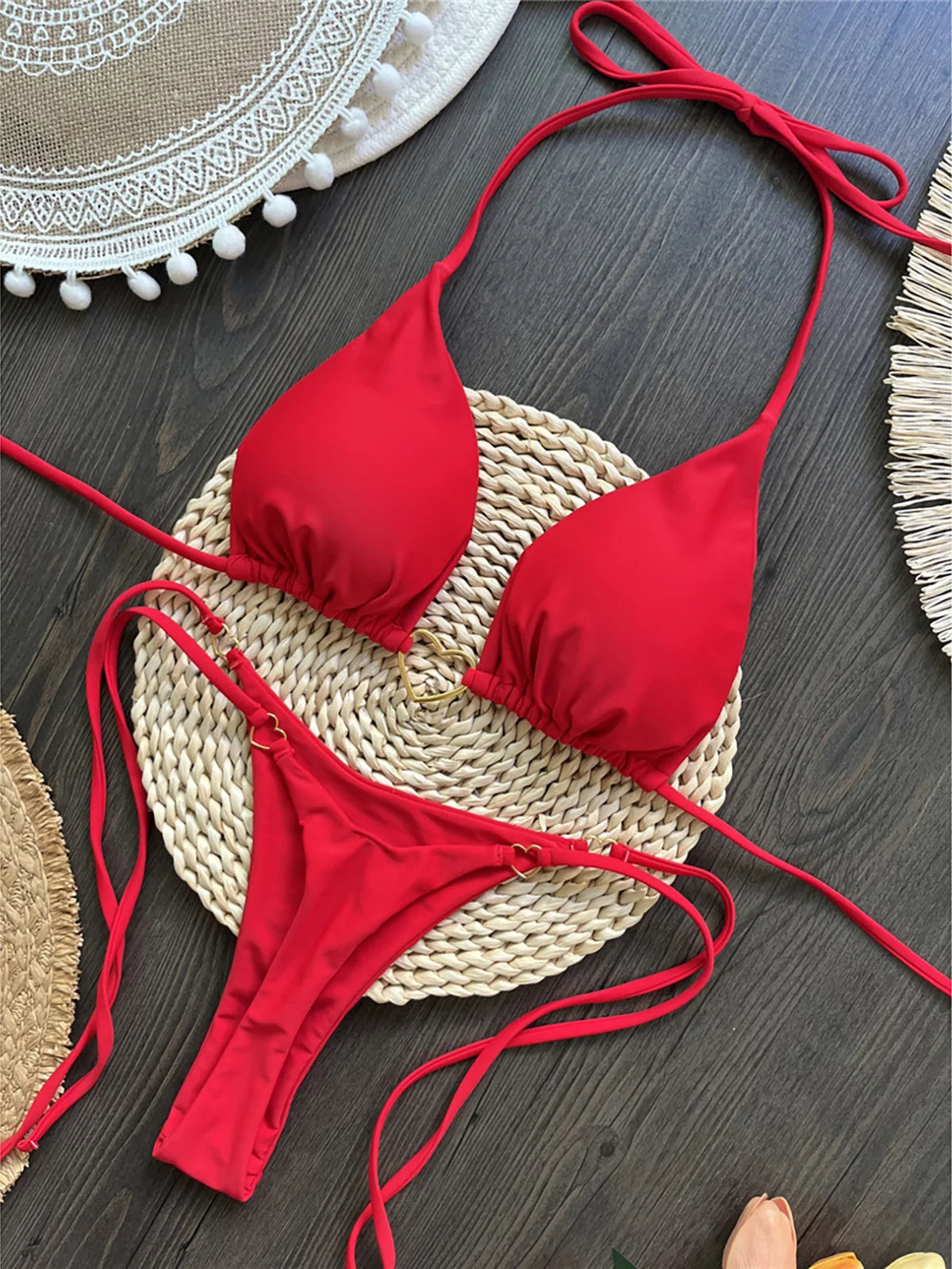 Tropical Tide Tease Micro String Bikini Sunset and Swim Red S 