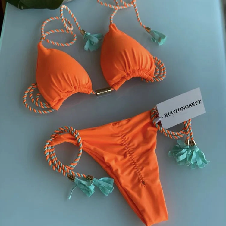 Isabella Tassel Side Tie Halter Bikini  Sunset and Swim Orange S 