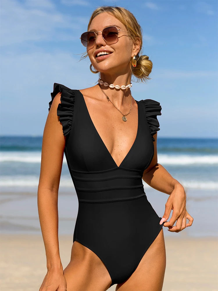Beach Day Deep V Neck Shoulder Ruffles One Piece Swimsuit  Sunset and Swim Black S 