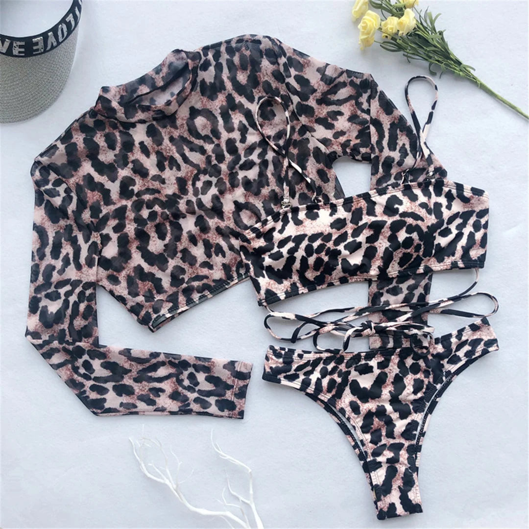 3 Piece Set Leopard Long Sleeve Cover Up Bikini Sunset and Swim