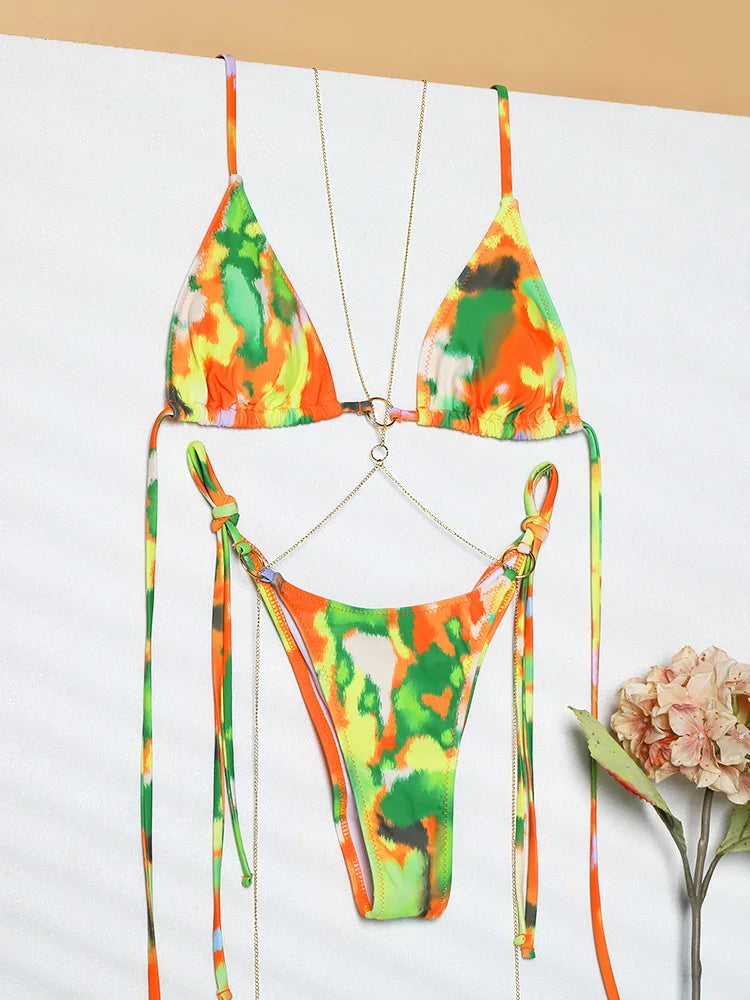 Exotic Sunset Triangle Chains Brazilian Bikini Sunset and Swim Green/Orange S 