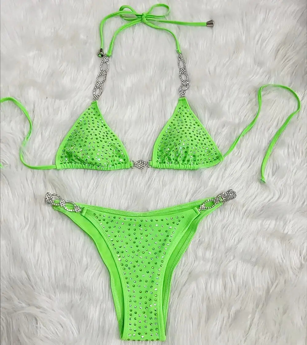 Luxe Diamond Embellished Halter Bikini Sunset and Swim Green S