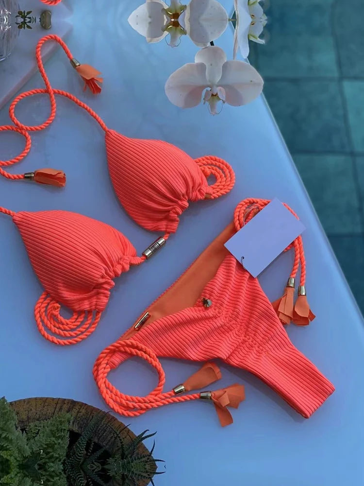 Aurora Tassel Side Tie Halter Bikini  Sunset and Swim Neon Orange L 