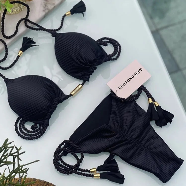 Isabella Tassel Side Tie Halter Bikini  Sunset and Swim Black 2 S 