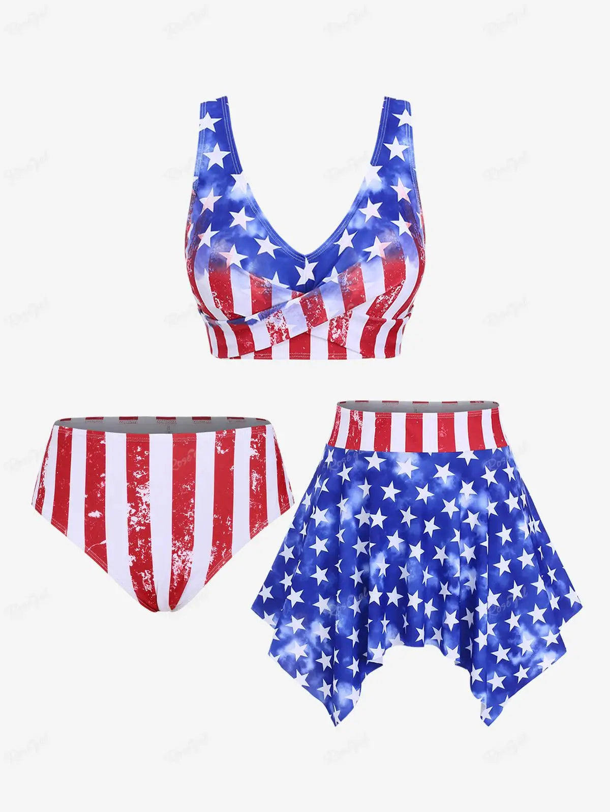 Curvy Confidence American Flag Plus Size Swim Skirt Bikini Set Sunset and Swim Red/White/Blue M 