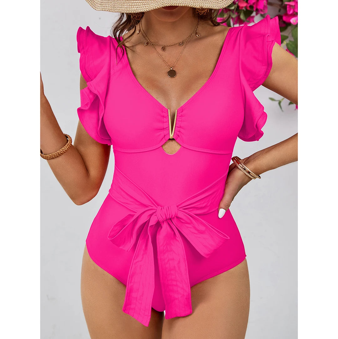 Pure Paradise Ruffle Shoulder Belt Swimsuit  Sunset and Swim Pink S 