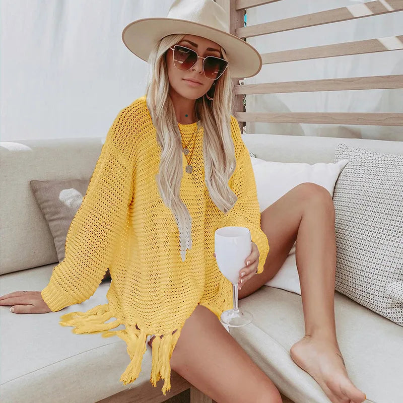 Boho Dreams Knitted Tassel Beach Blouse Sunset and Swim Yellow One Size 