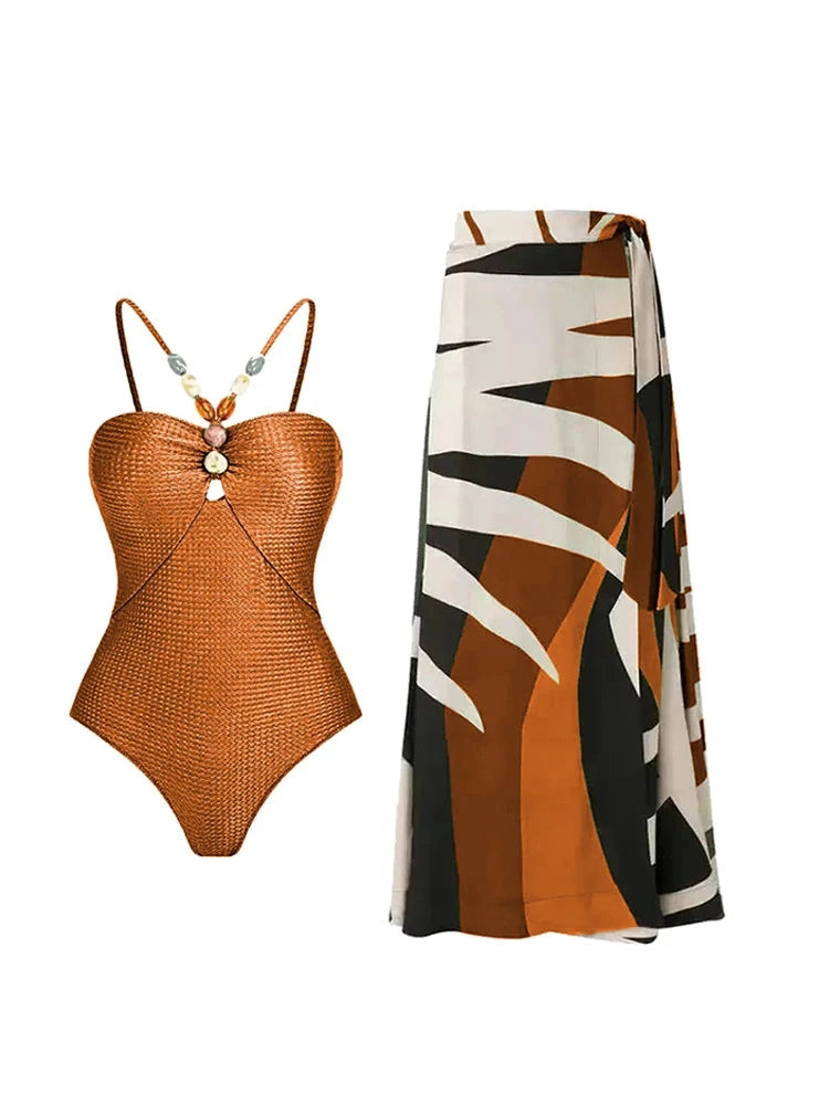 Tropical Oasis Full Coverage One-Piece Swimsuit Sunset and Swim Copper S 